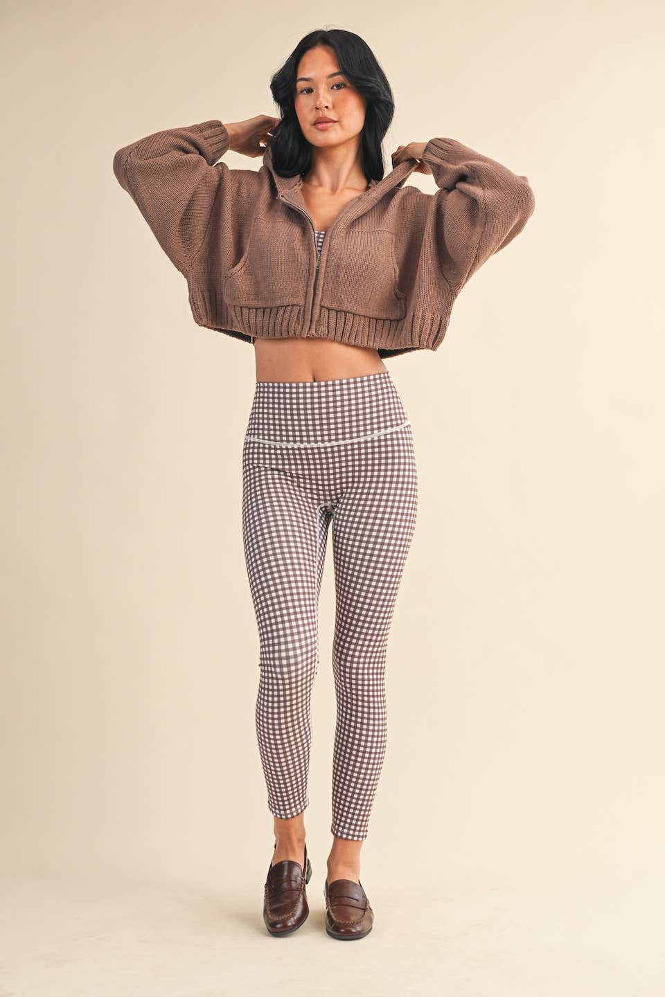 Knit Zip Up Hoodie Sweater: Brown