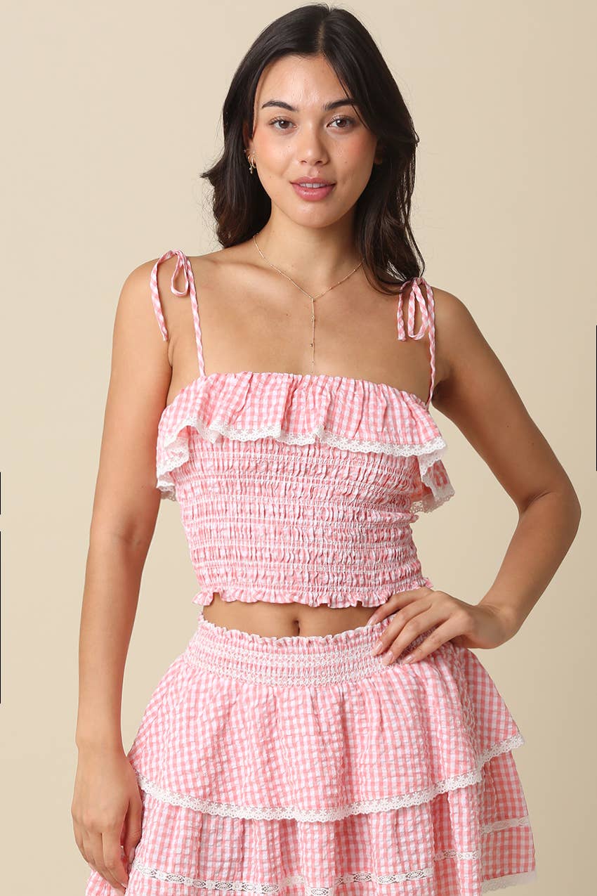 Elisa Smocked Ruffle Crop Top in Coral