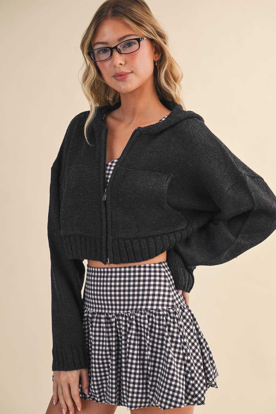 Knit Zip Up Hoodie Sweater: Brown