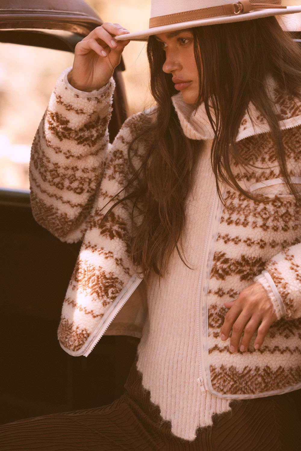 Alpine-Print Sherpa Fleece Pocket Jacket