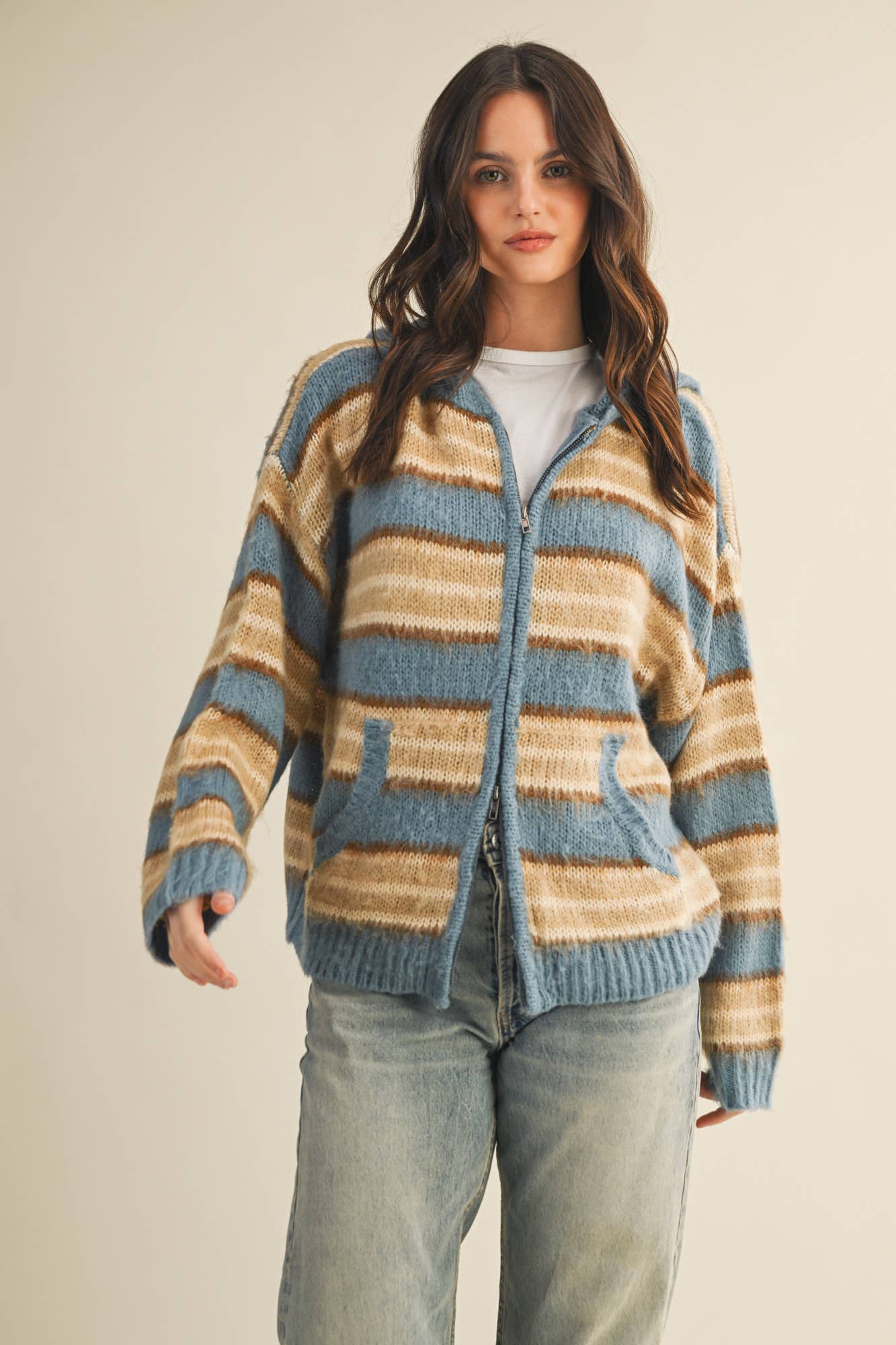 SWEATER HOOD ZIP UP JACKET: DENIM MULTI