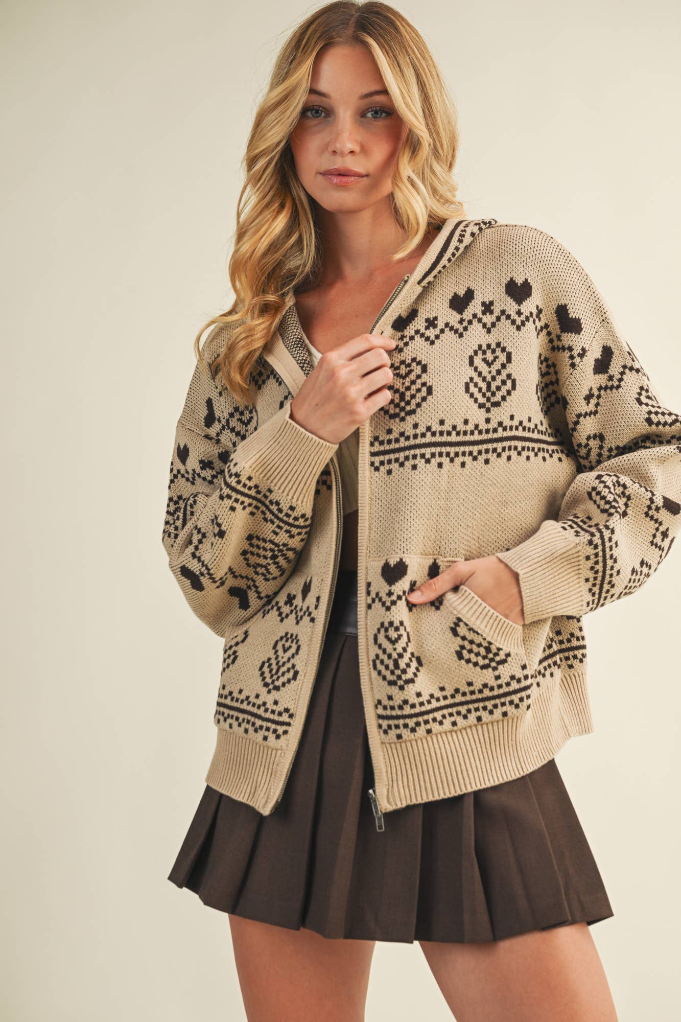 NORDIC JACQUARD SWEATER HOOD ZIP UP JACKET Taupe