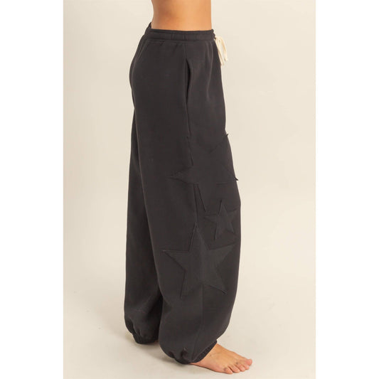 Star Patch Casual Drawstring Jogger Pants: BLACK