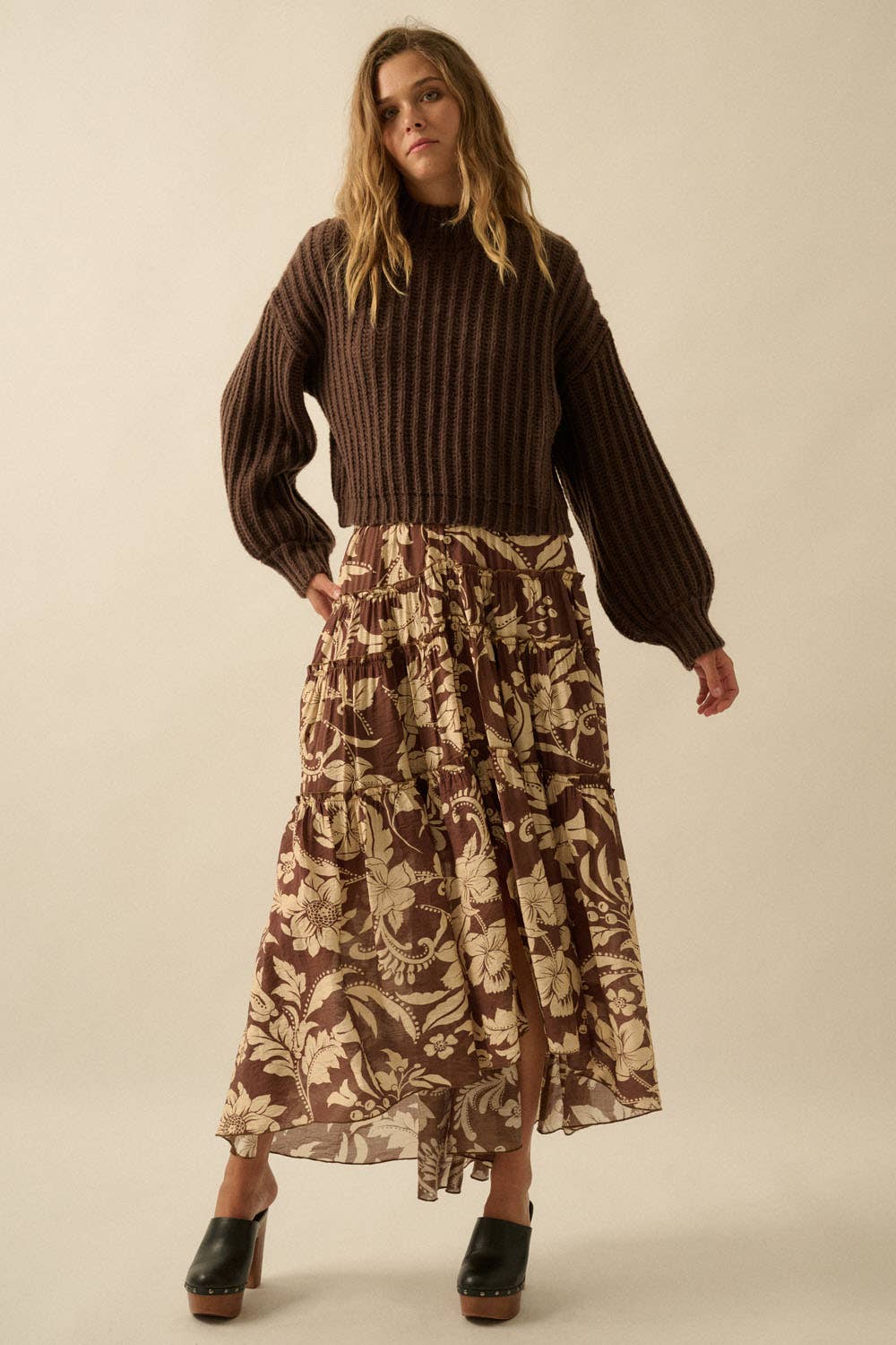 Chocolate Crew Neck Wide Sleeve Rib Knit Sweater