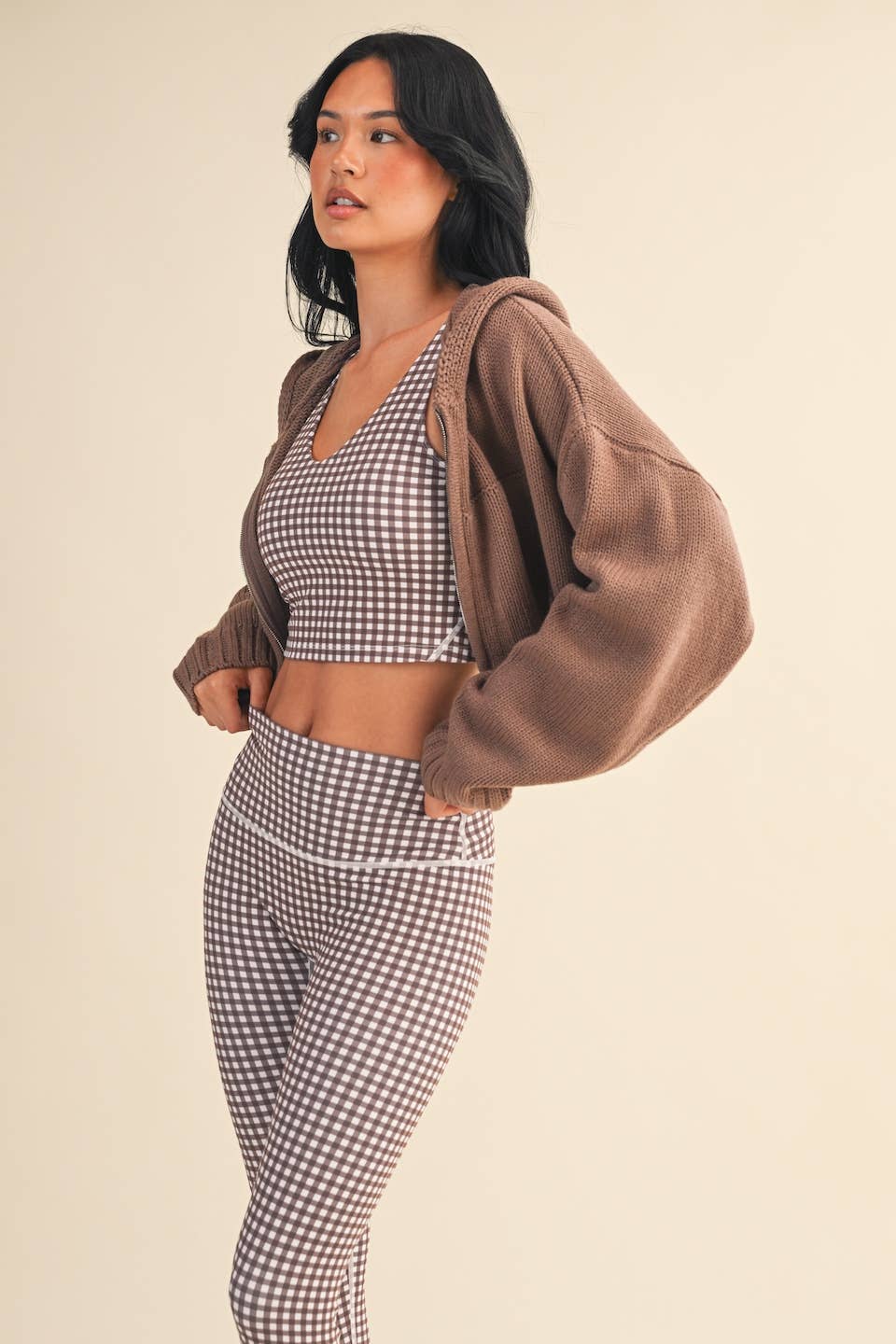 Knit Zip Up Hoodie Sweater: Brown