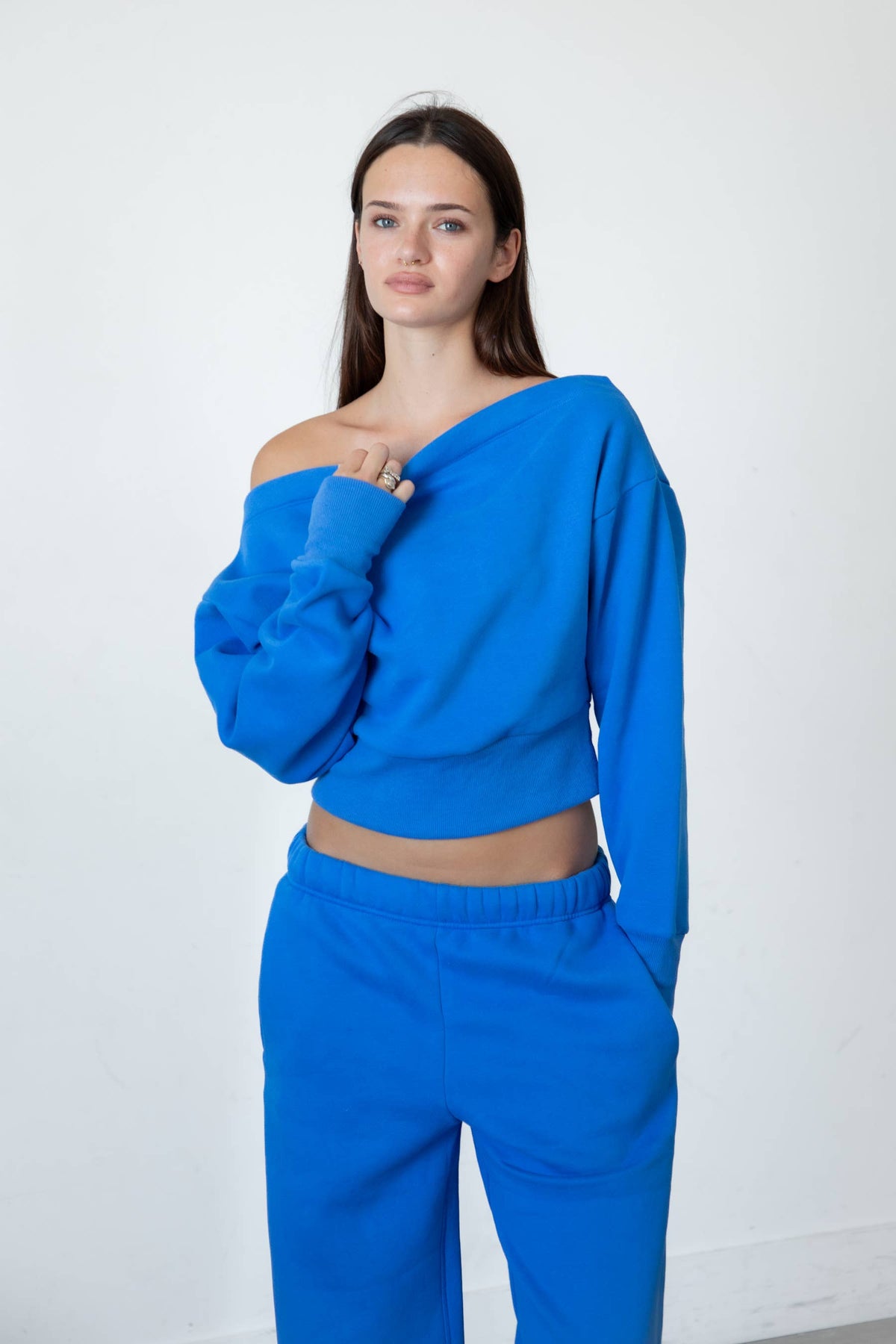 Jet Set Off Shoulder Sweatshirt in Electric Blue