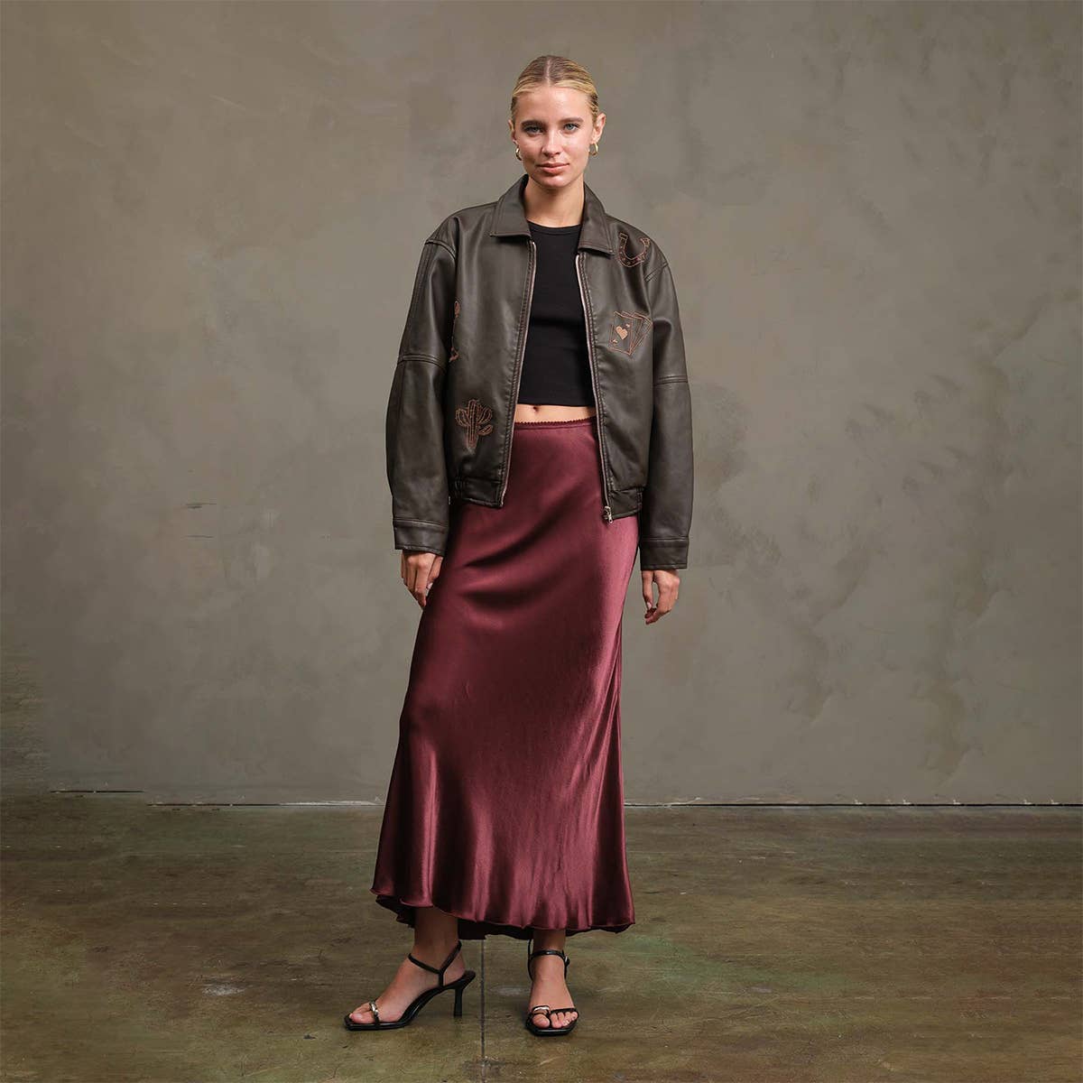 Lucky Charm Embroidered Leather Bomber Jacket