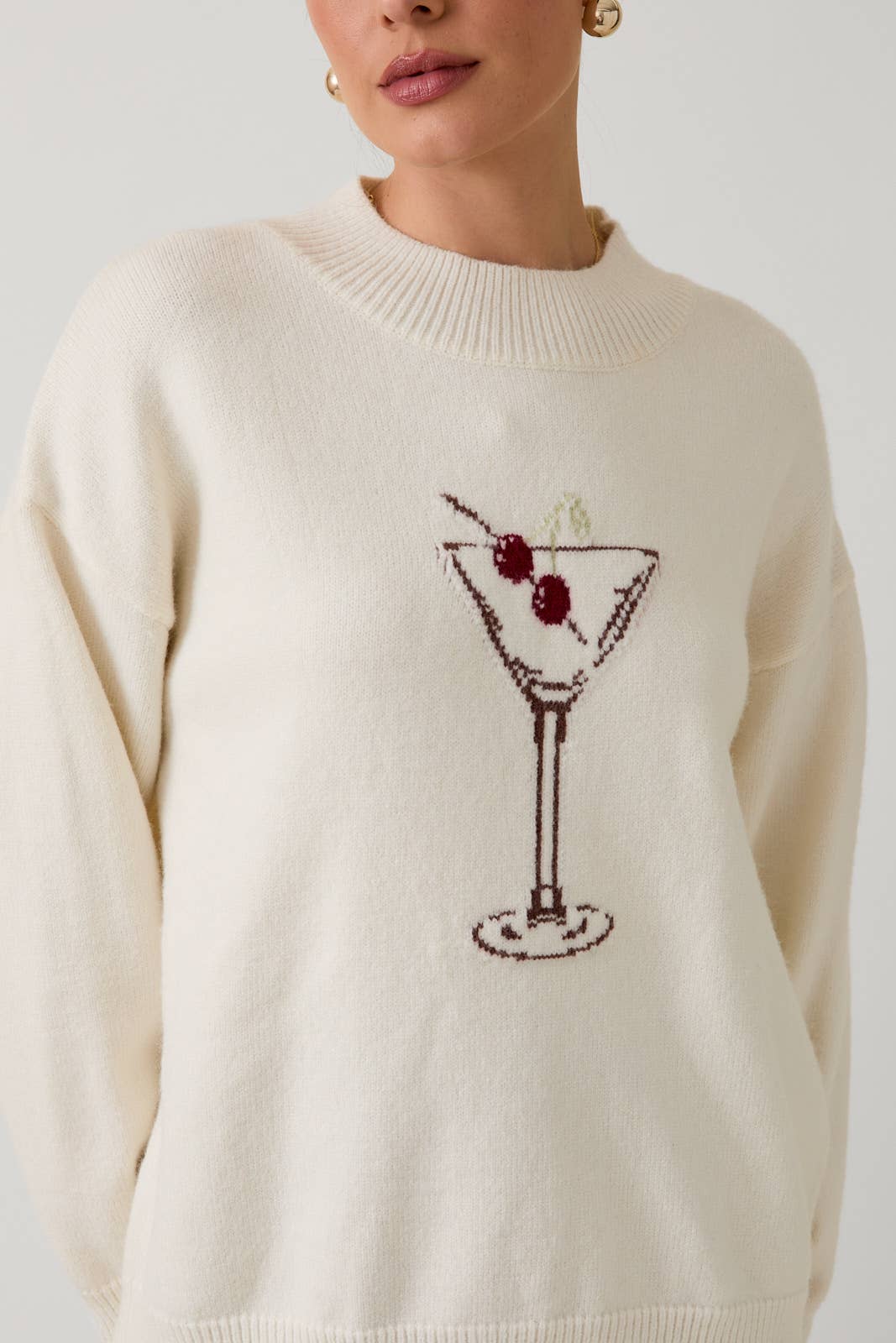 MOCK NECK LONG SLEEVE "CHERRY MARTINI" GRAPHIC SWEATER