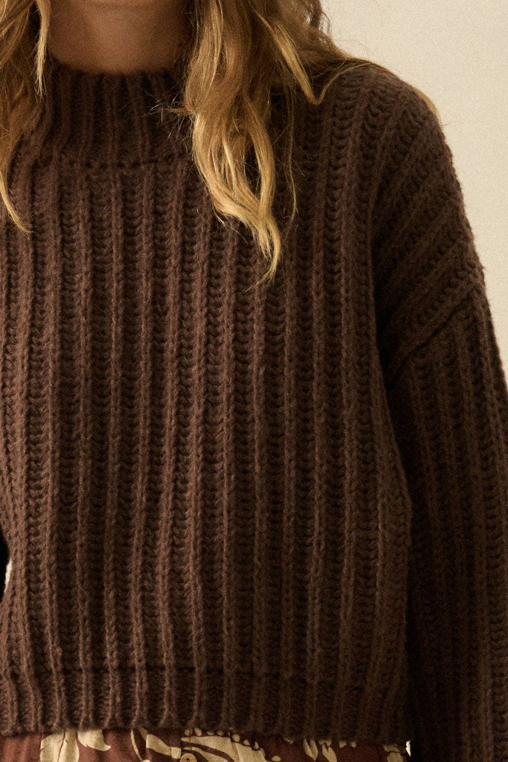 Chocolate Crew Neck Wide Sleeve Rib Knit Sweater