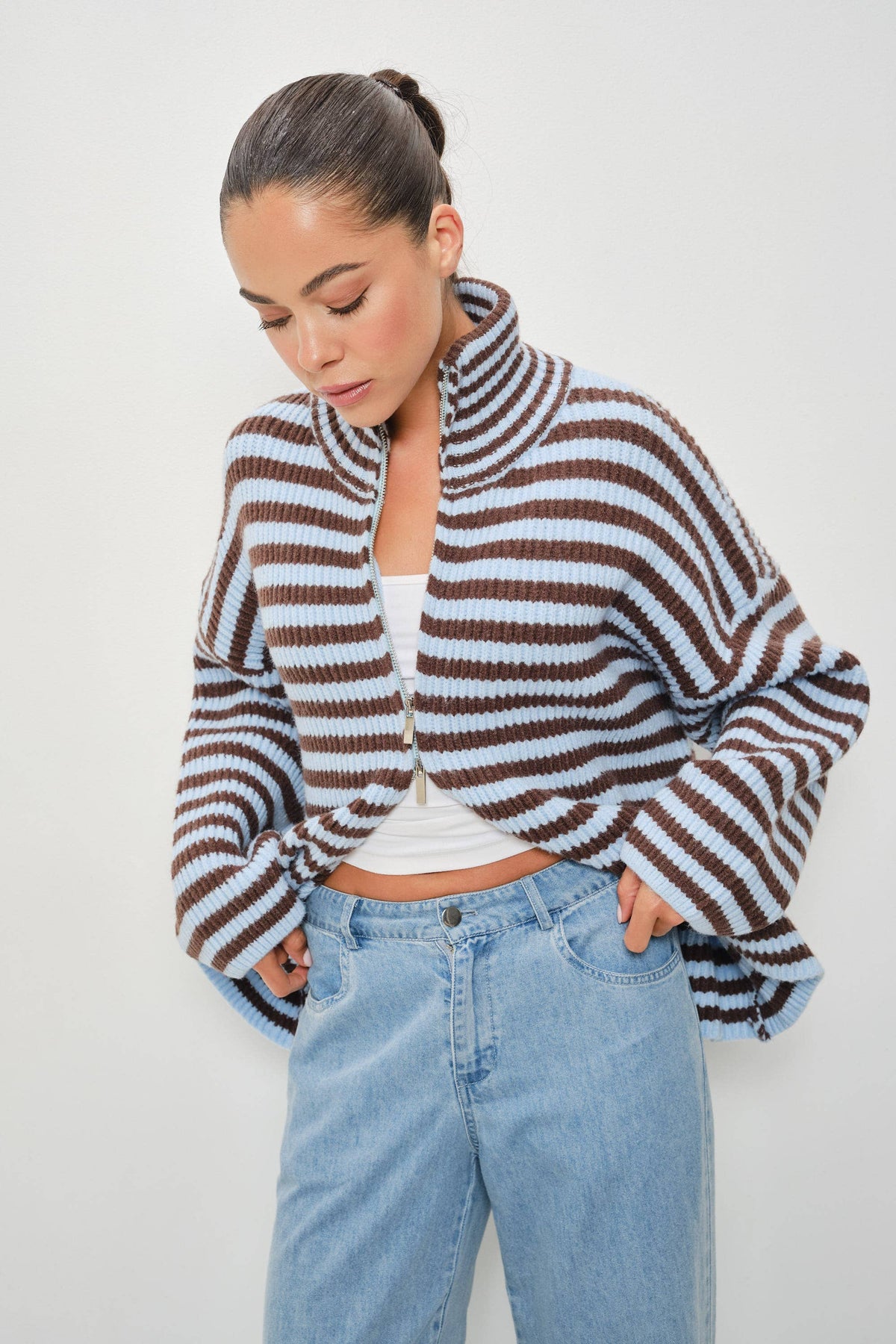 Zane Striped Mocked Neck Zip Up Jacket