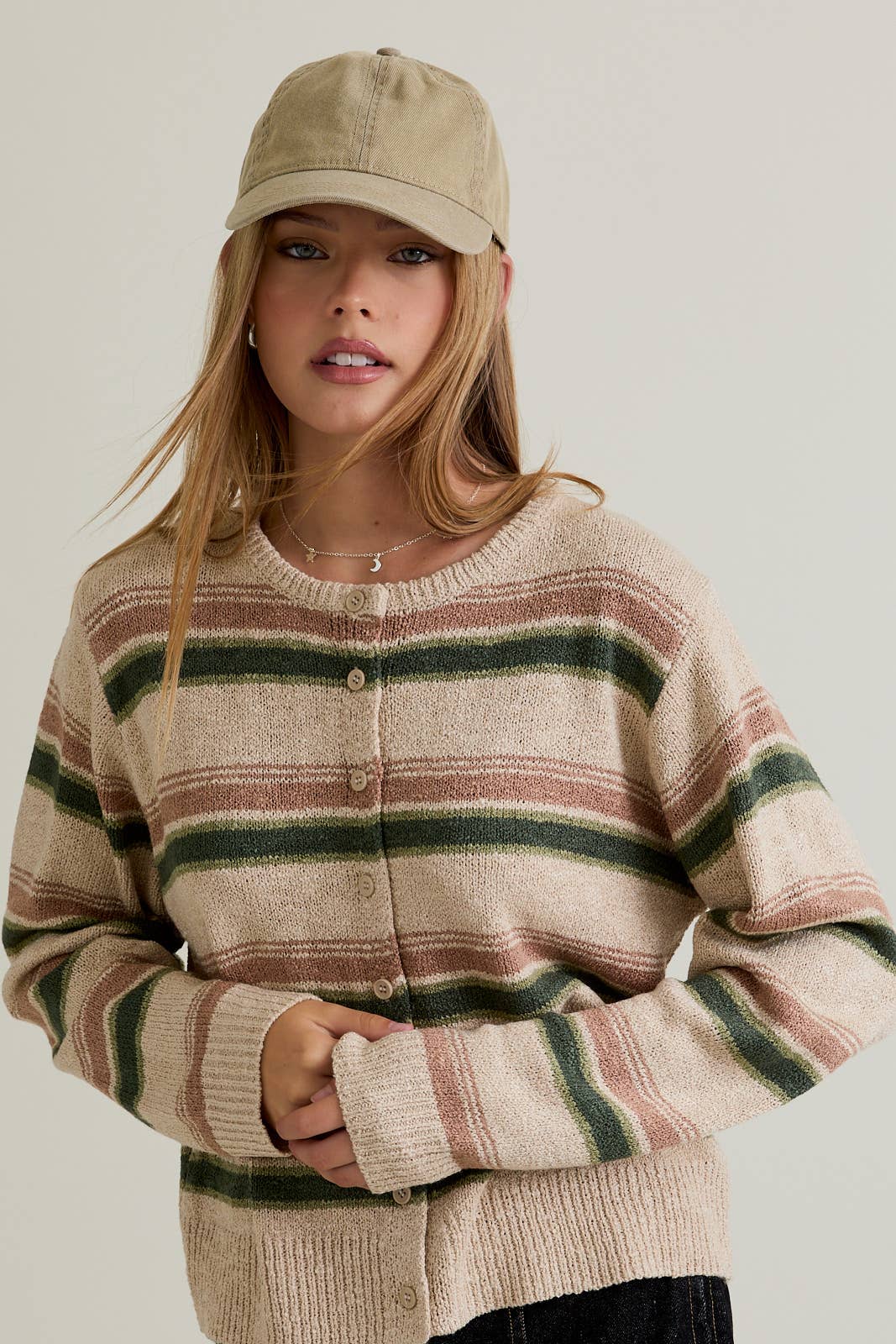 ROUND NECK STRIPE FUZZY REGULAR  CARDIGAN