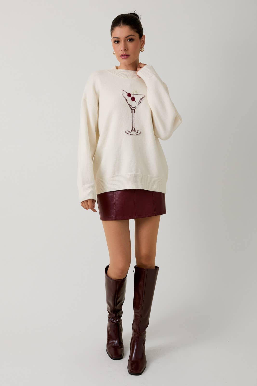 MOCK NECK LONG SLEEVE "CHERRY MARTINI" GRAPHIC SWEATER