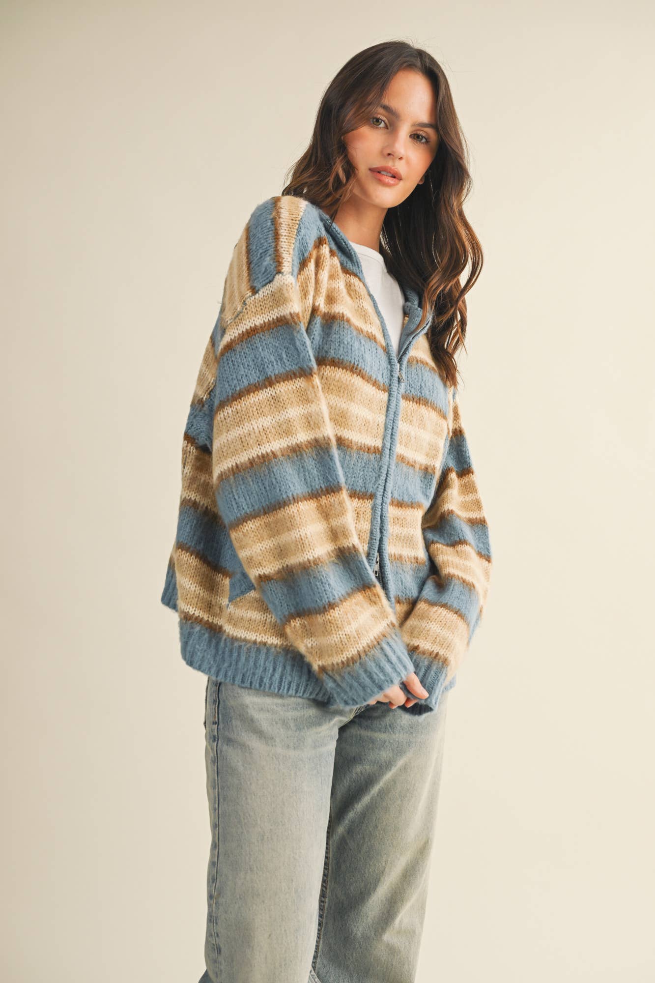 SWEATER HOOD ZIP UP JACKET: DENIM MULTI