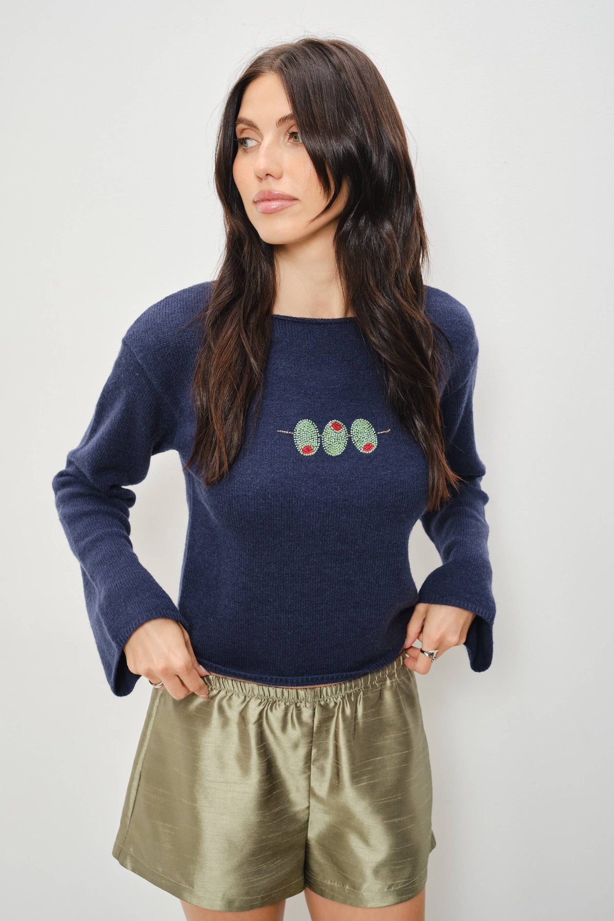 Zia Olive Bead Embroidery Sweater