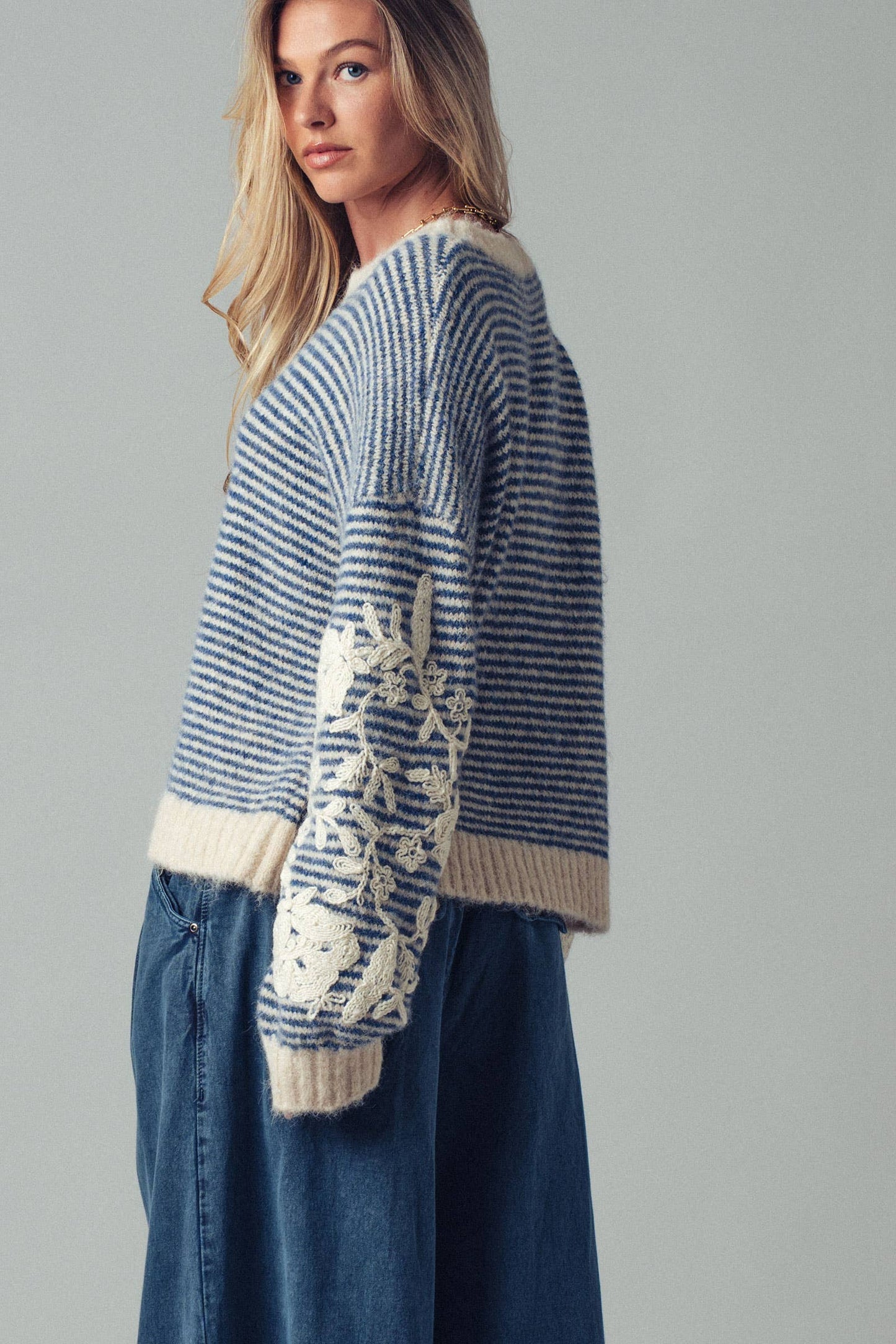 Floral Embroidered Striped Knit Sweater