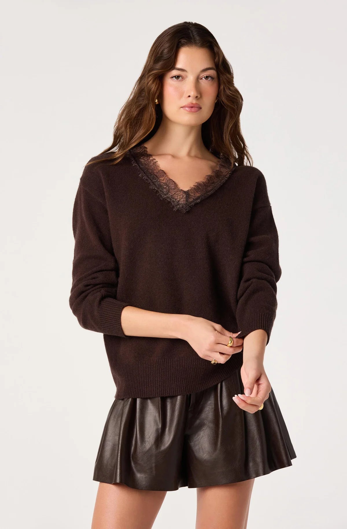 Jadyn Lace Trim V Neck Sweater in Brown