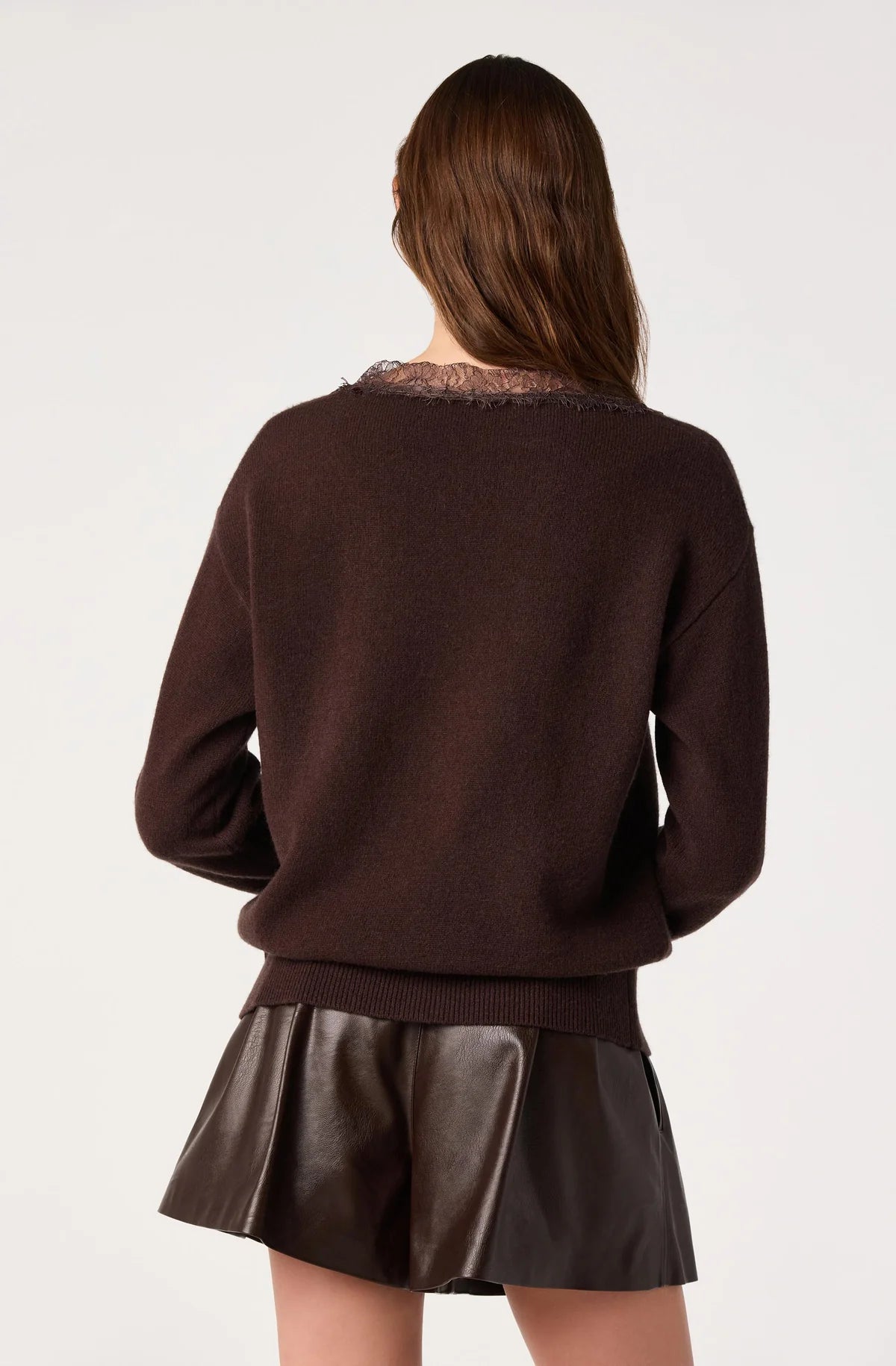 Jadyn Lace Trim V Neck Sweater in Brown