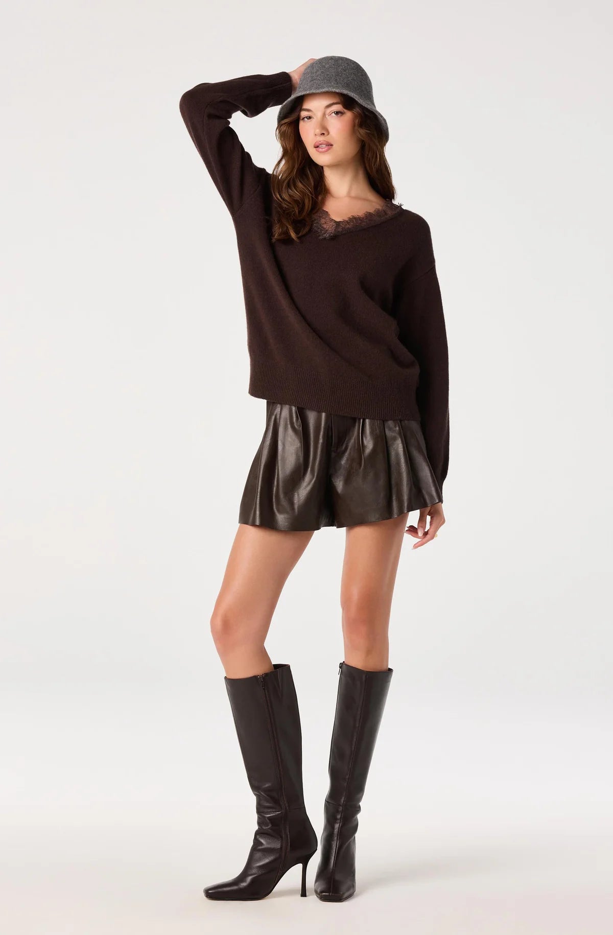 Jadyn Lace Trim V Neck Sweater in Brown