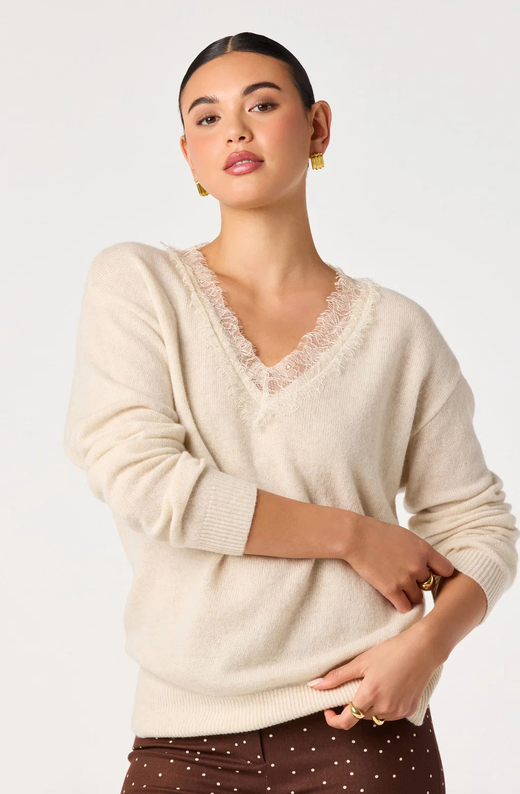Jadyn Lace Trim V-Neck Sweater in Ecru