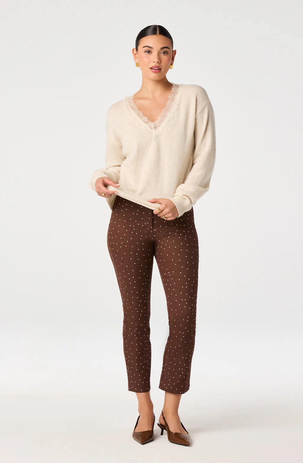 Jadyn Lace Trim V-Neck Sweater in Ecru