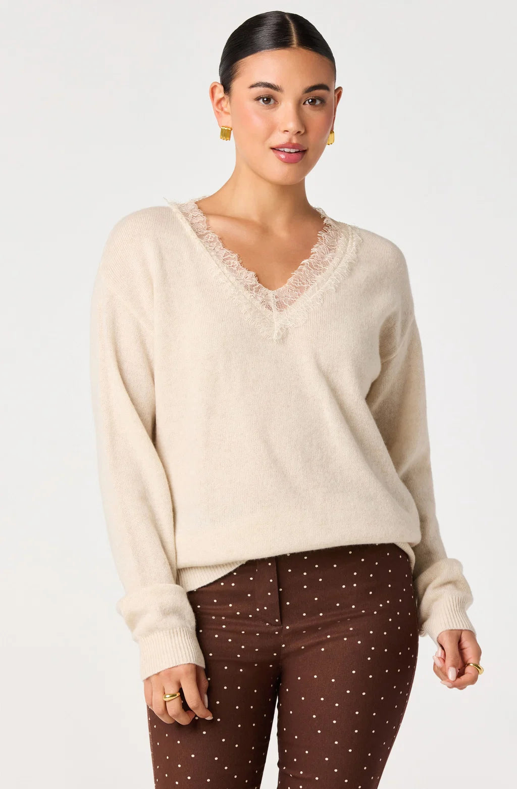 Jadyn Lace Trim V-Neck Sweater in Ecru
