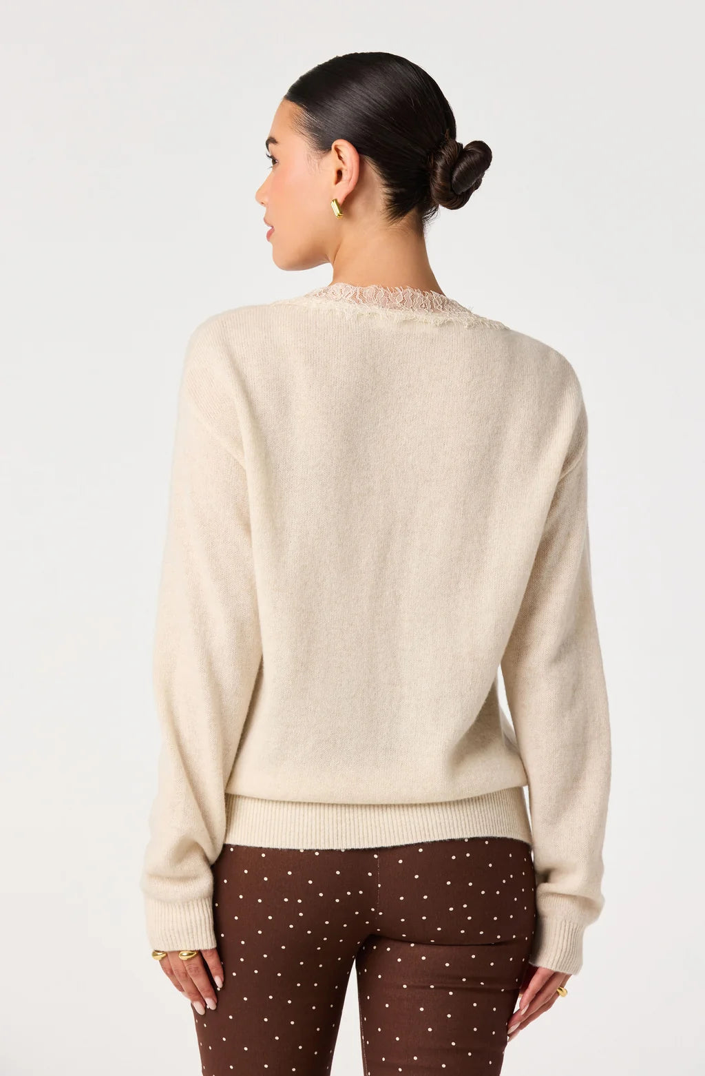 Jadyn Lace Trim V-Neck Sweater in Ecru