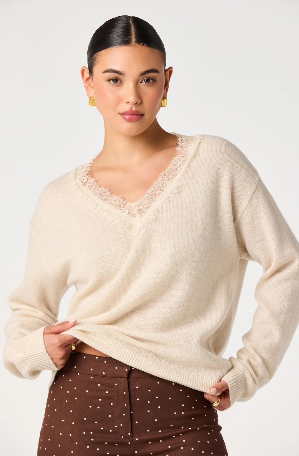 Jadyn Lace Trim V-Neck Sweater in Ecru