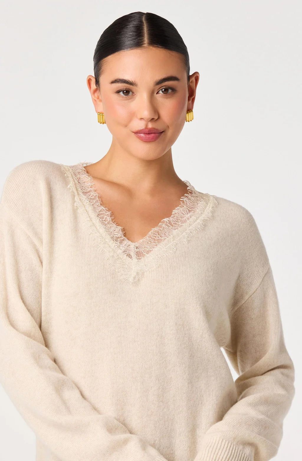 Jadyn Lace Trim V-Neck Sweater in Ecru