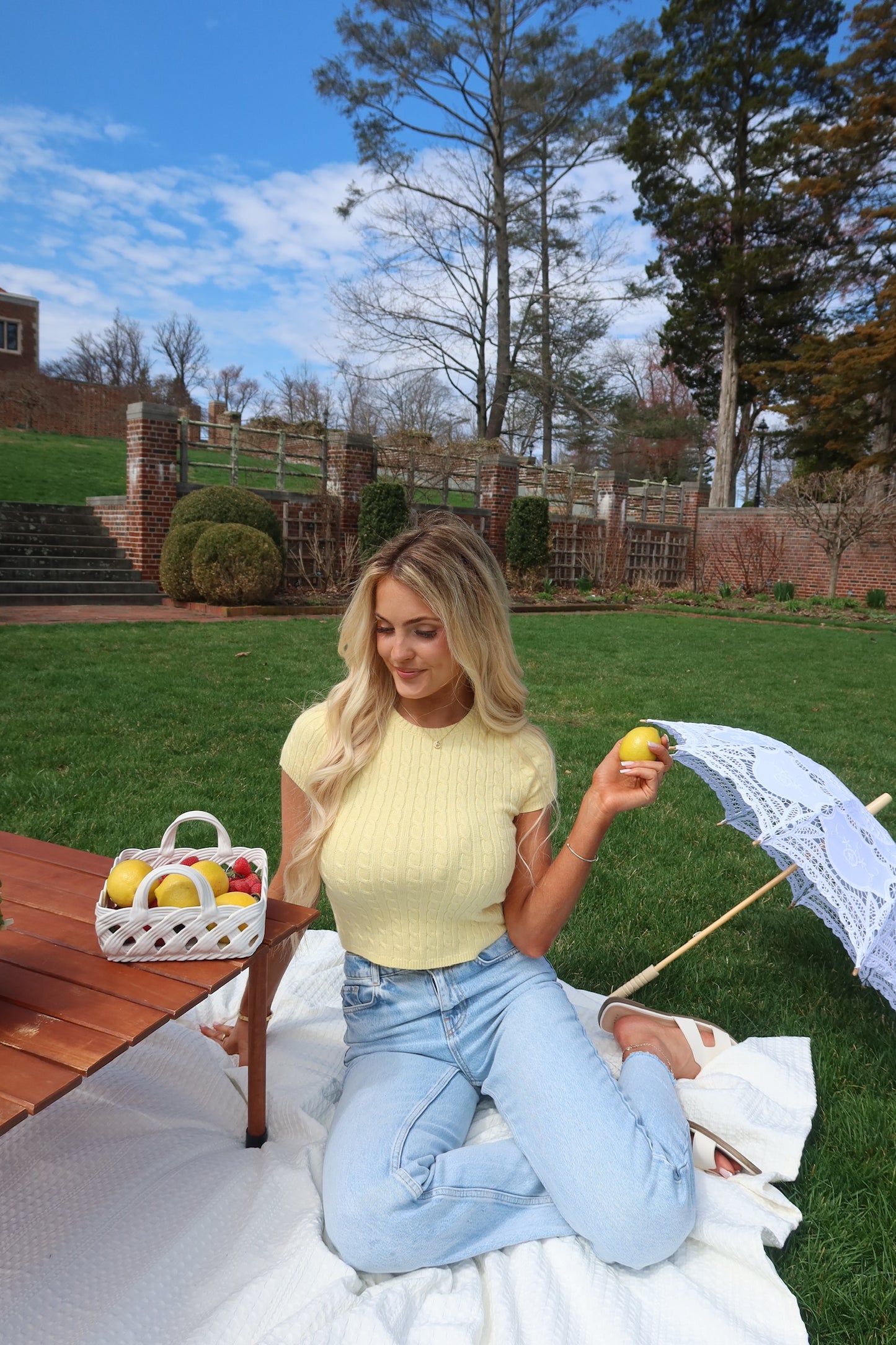 Laureni Lemon Cable Knit Short Sleeve Sweater Top