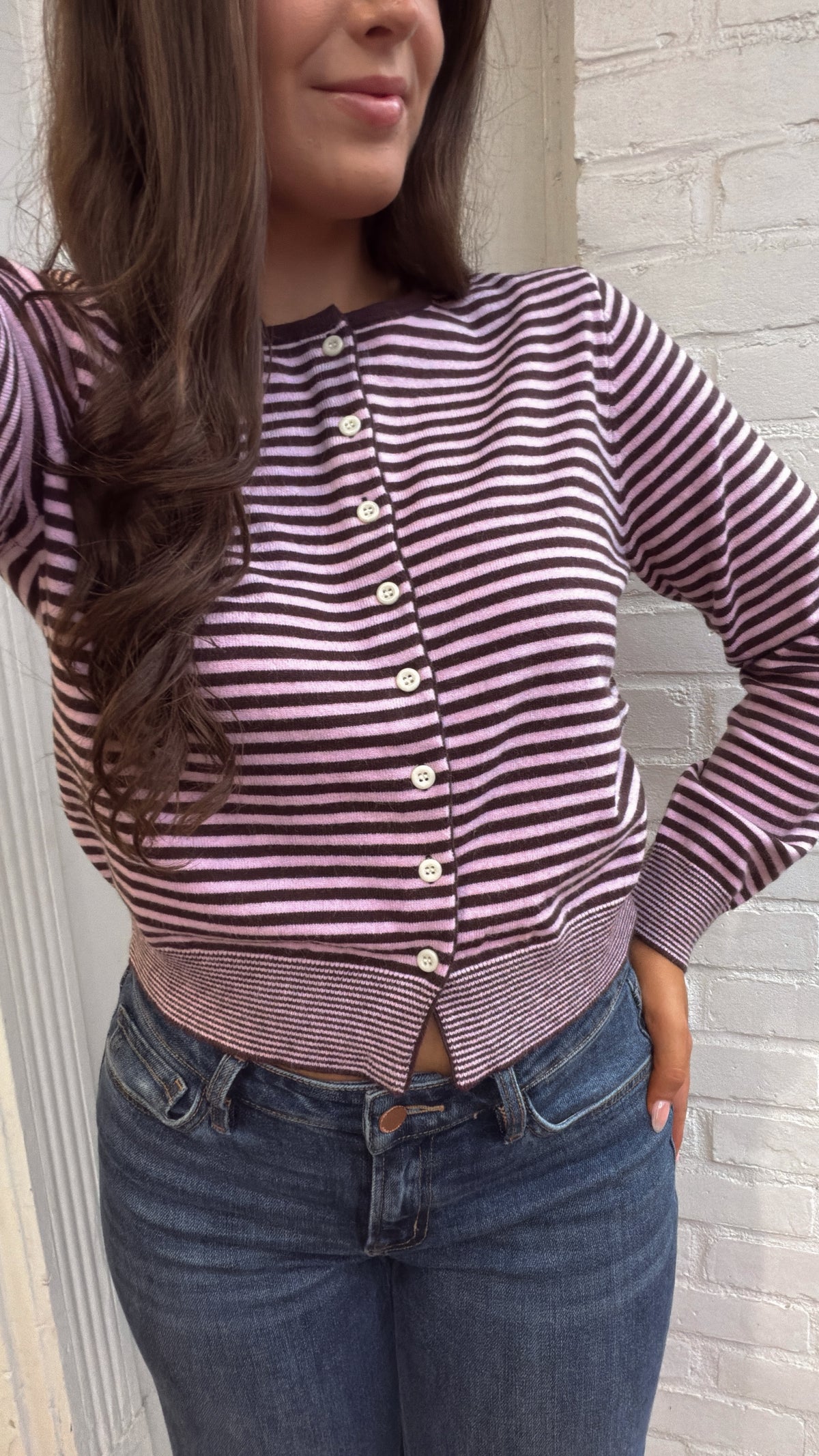 The Sunday Cardigan in Pink & Brown Stripe