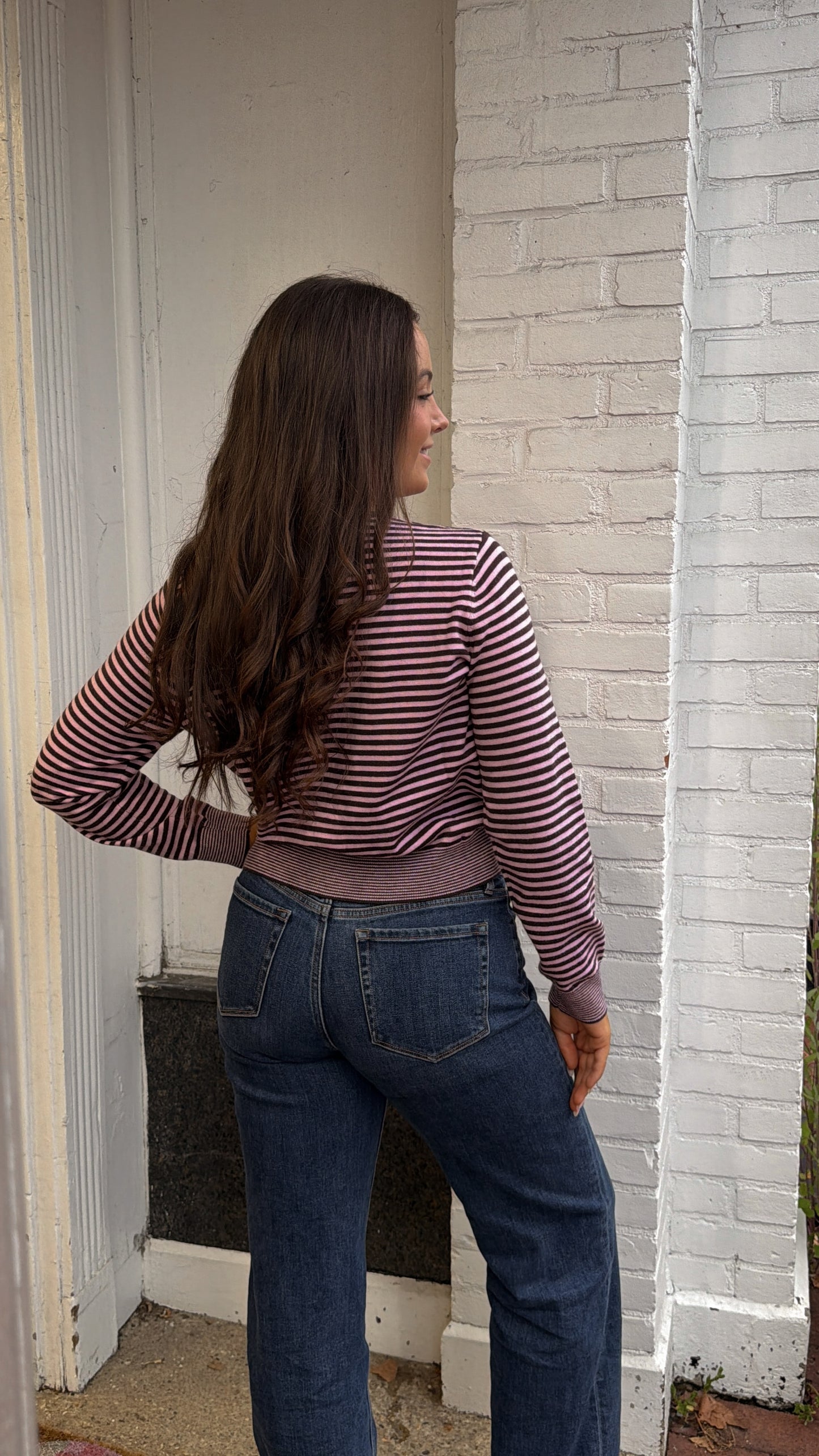 The Sunday Cardigan in Pink & Brown Stripe