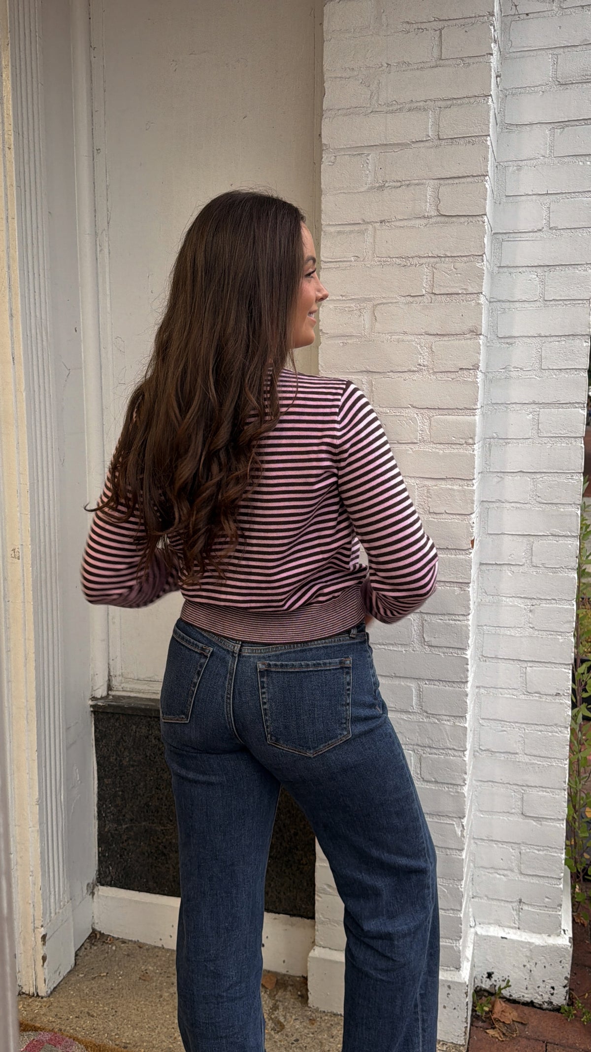 The Sunday Cardigan in Pink & Brown Stripe