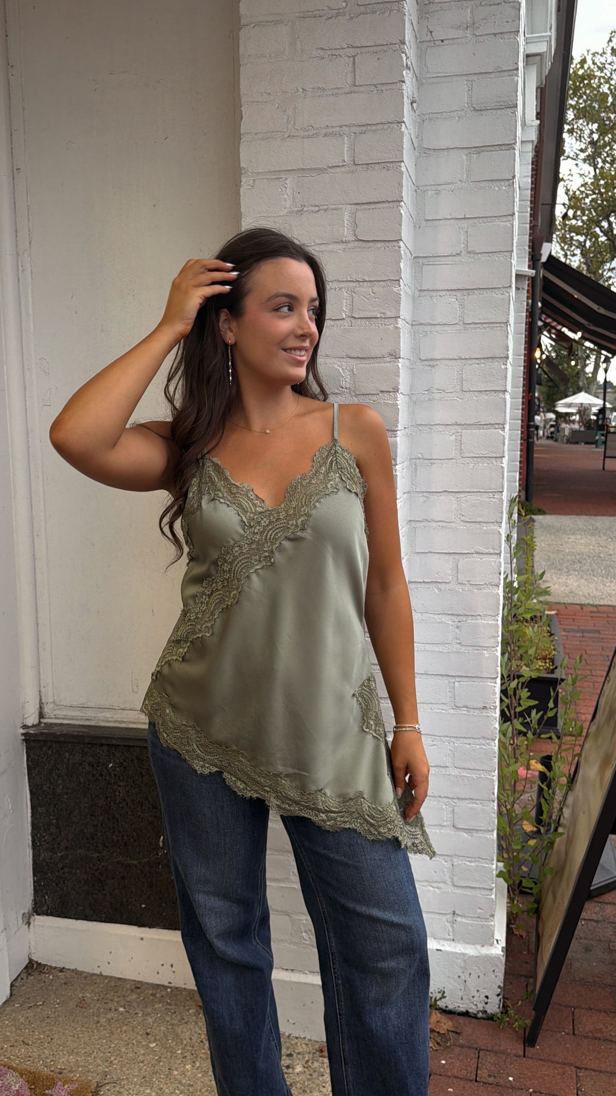 Sage Asymmetric Lace Tank