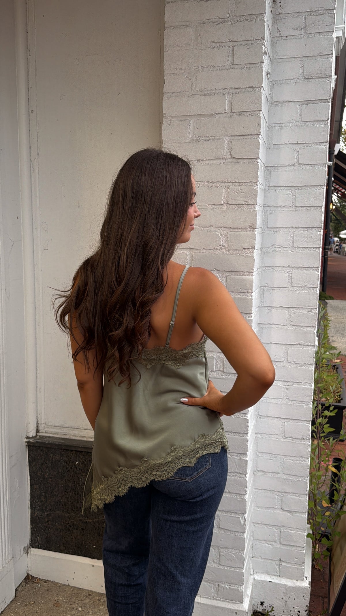 Sage Asymmetric Lace Tank