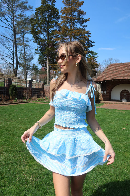 Elisa Mint Smocked Ruffle Crop Top in Mint
