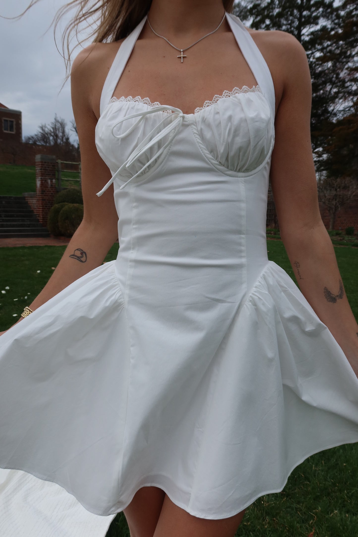 Lyra White Halter Lace Dress