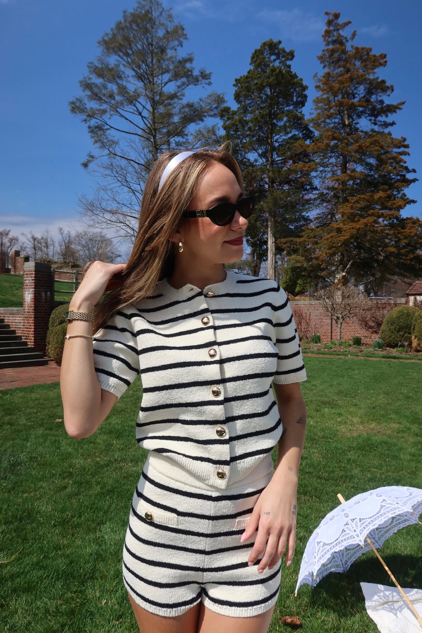 Marina Striped Knit Sweater & Shorts Set with Gold Buttons