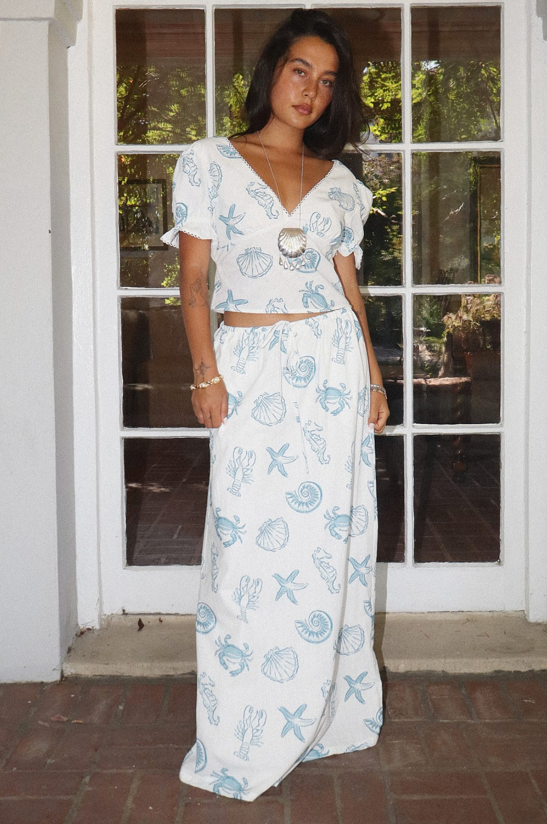 Sea Life Puff Sleeve Top in Blue