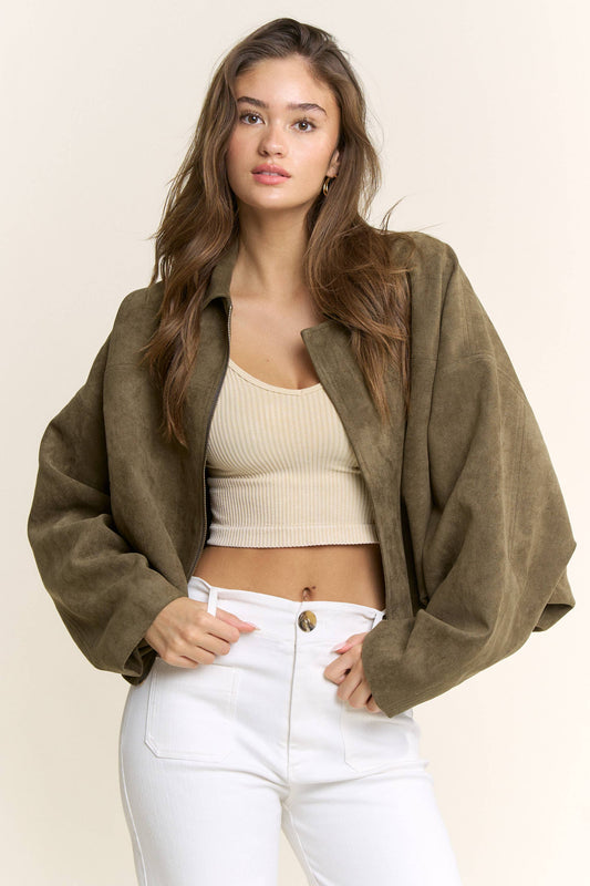 Olive Suede Bomber Jacket