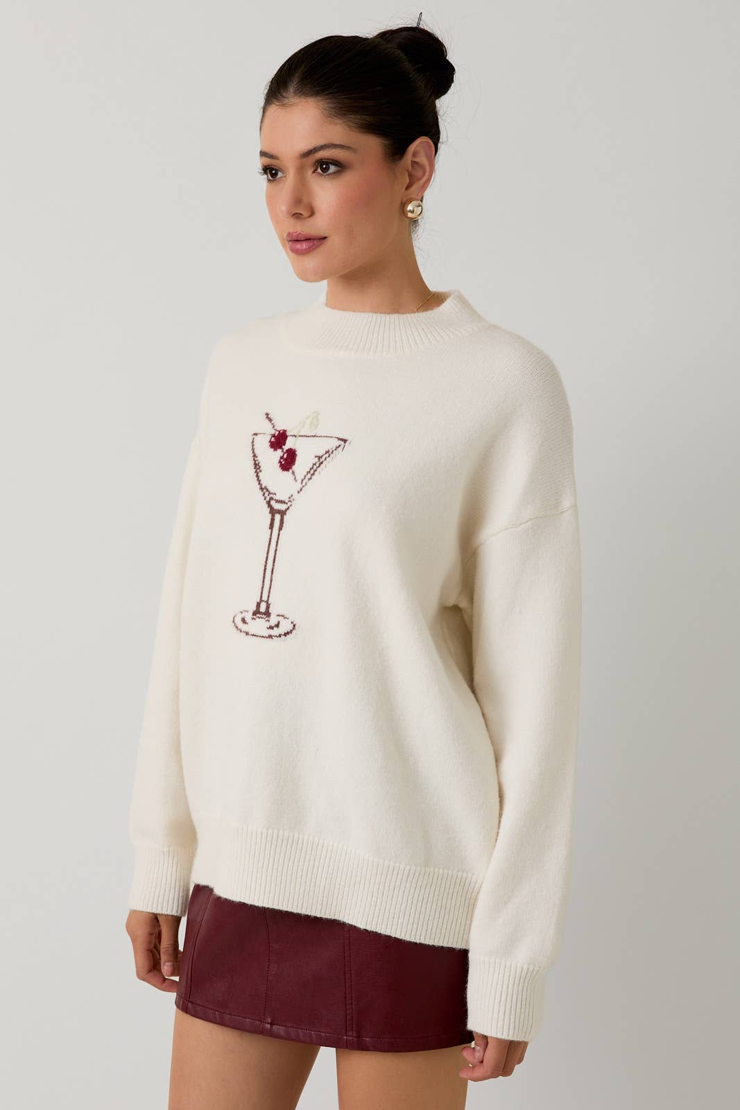 MOCK NECK LONG SLEEVE "CHERRY MARTINI" GRAPHIC SWEATER