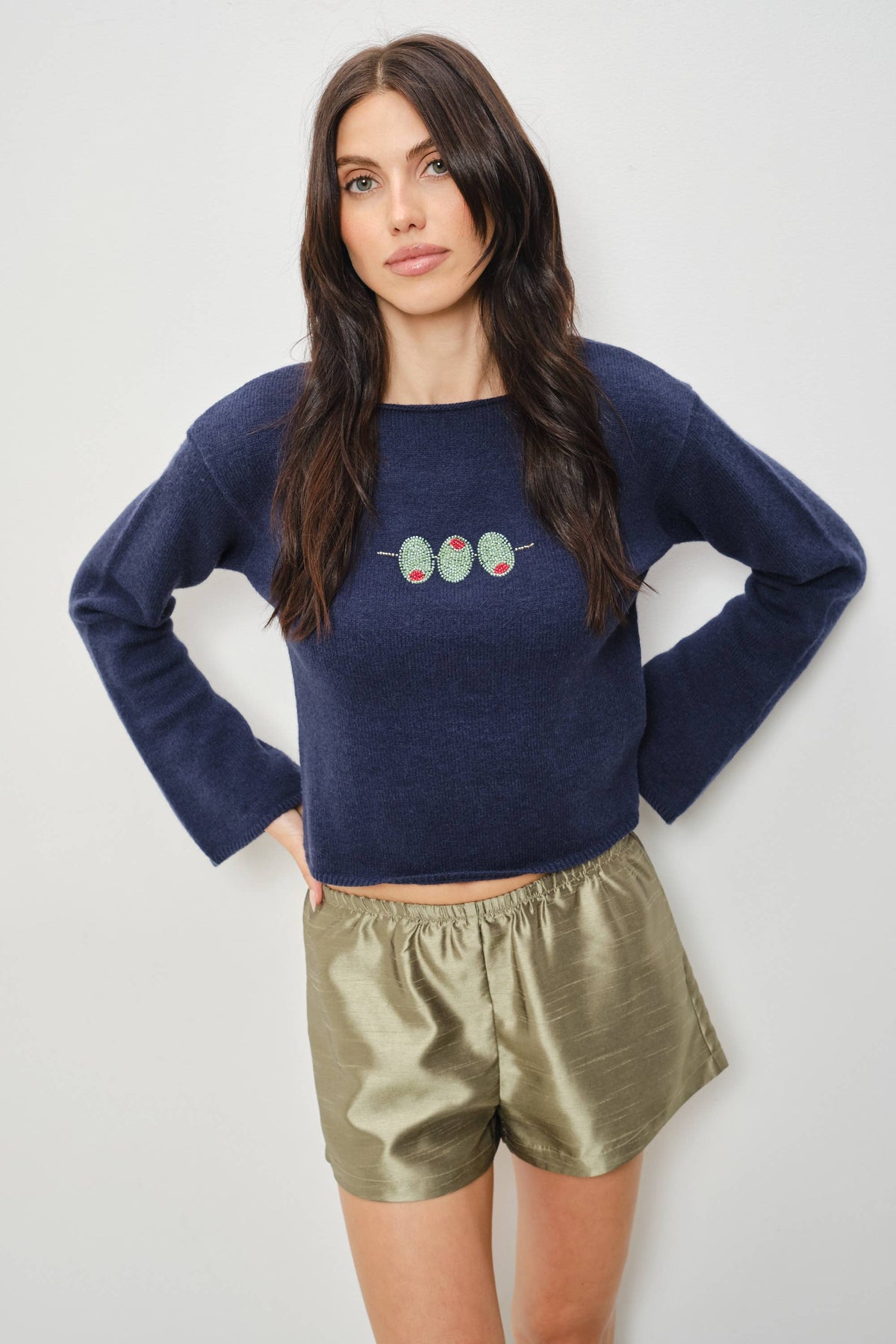 Zia Olive Bead Embroidery Sweater