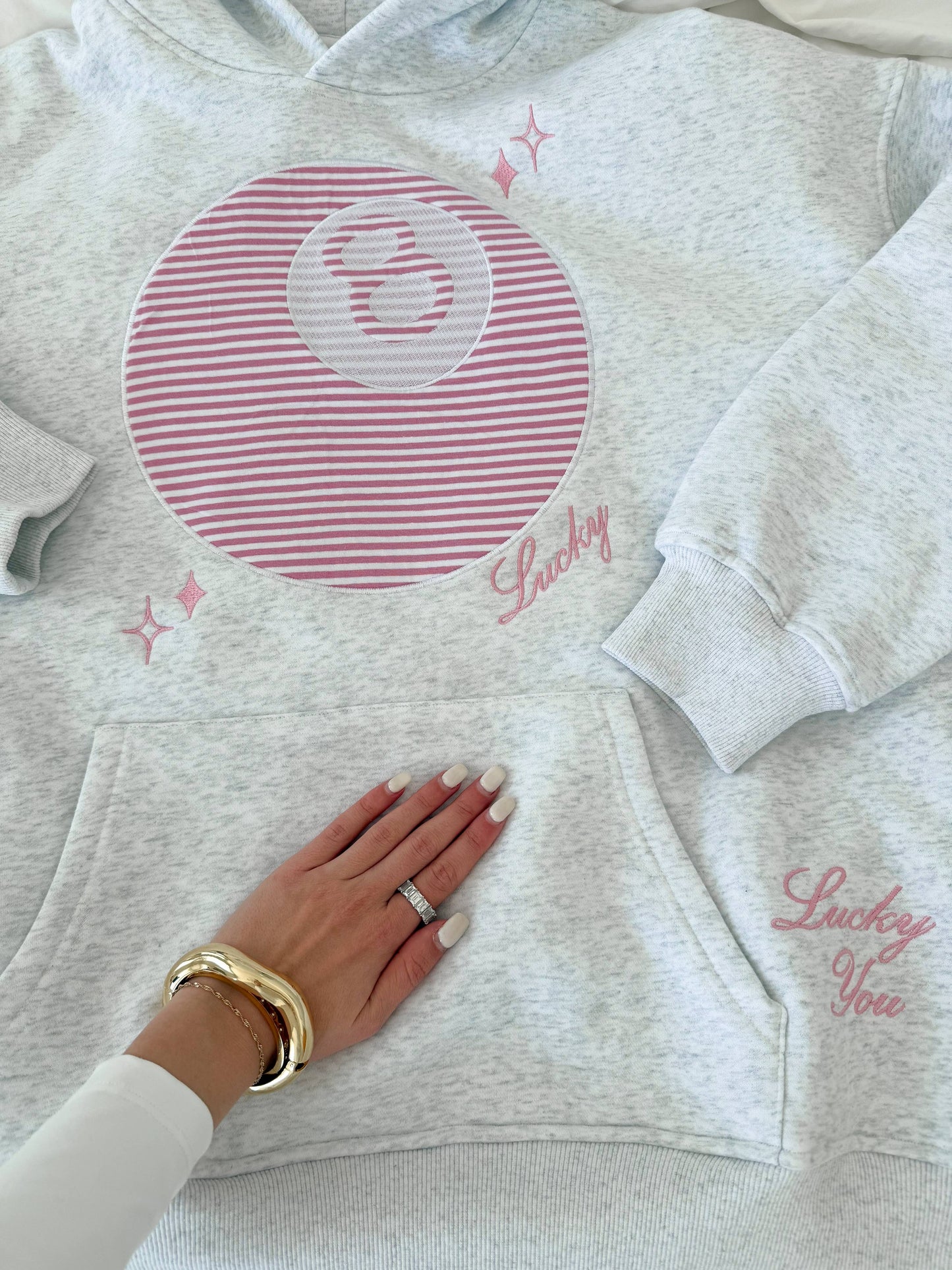 Pearl Grey Lucky You 8 Ball Embroidered Hoodie