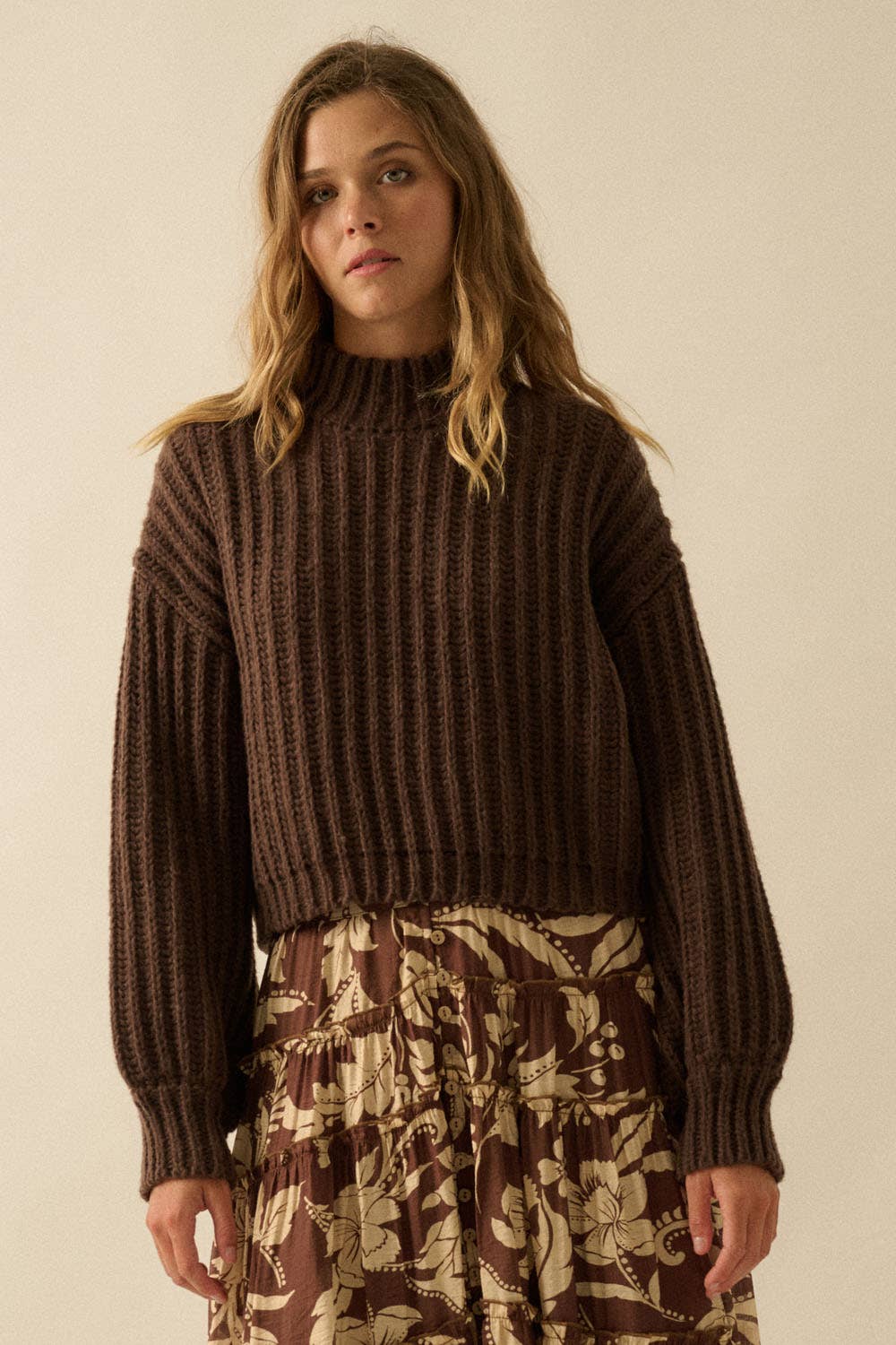 Chocolate Crew Neck Wide Sleeve Rib Knit Sweater