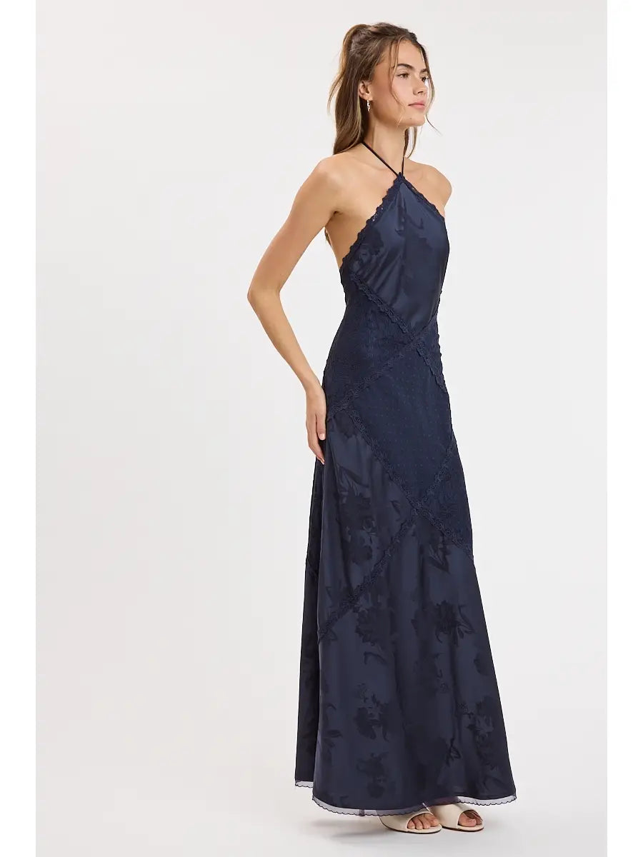 Serena Lace Halter Maxi Dress in Navy