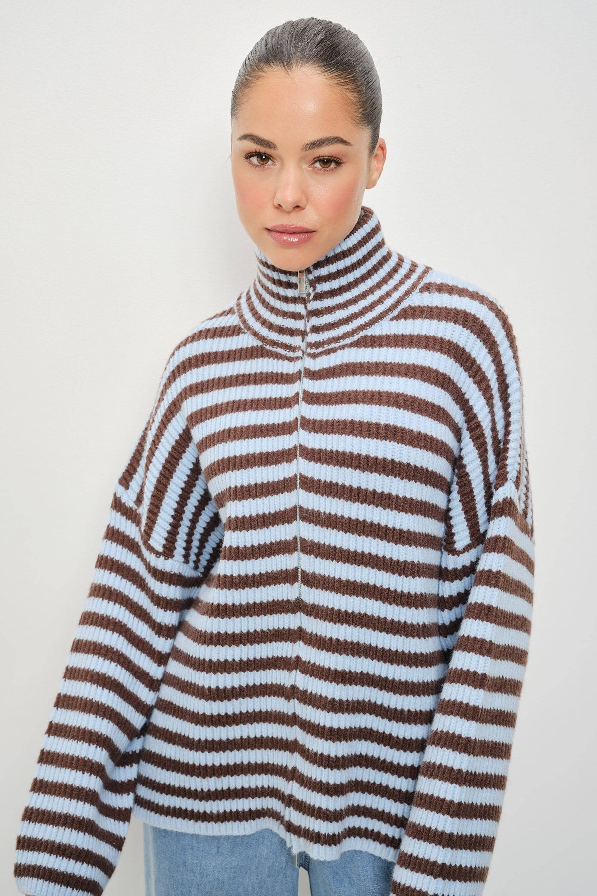 Zane Striped Mocked Neck Zip Up Jacket