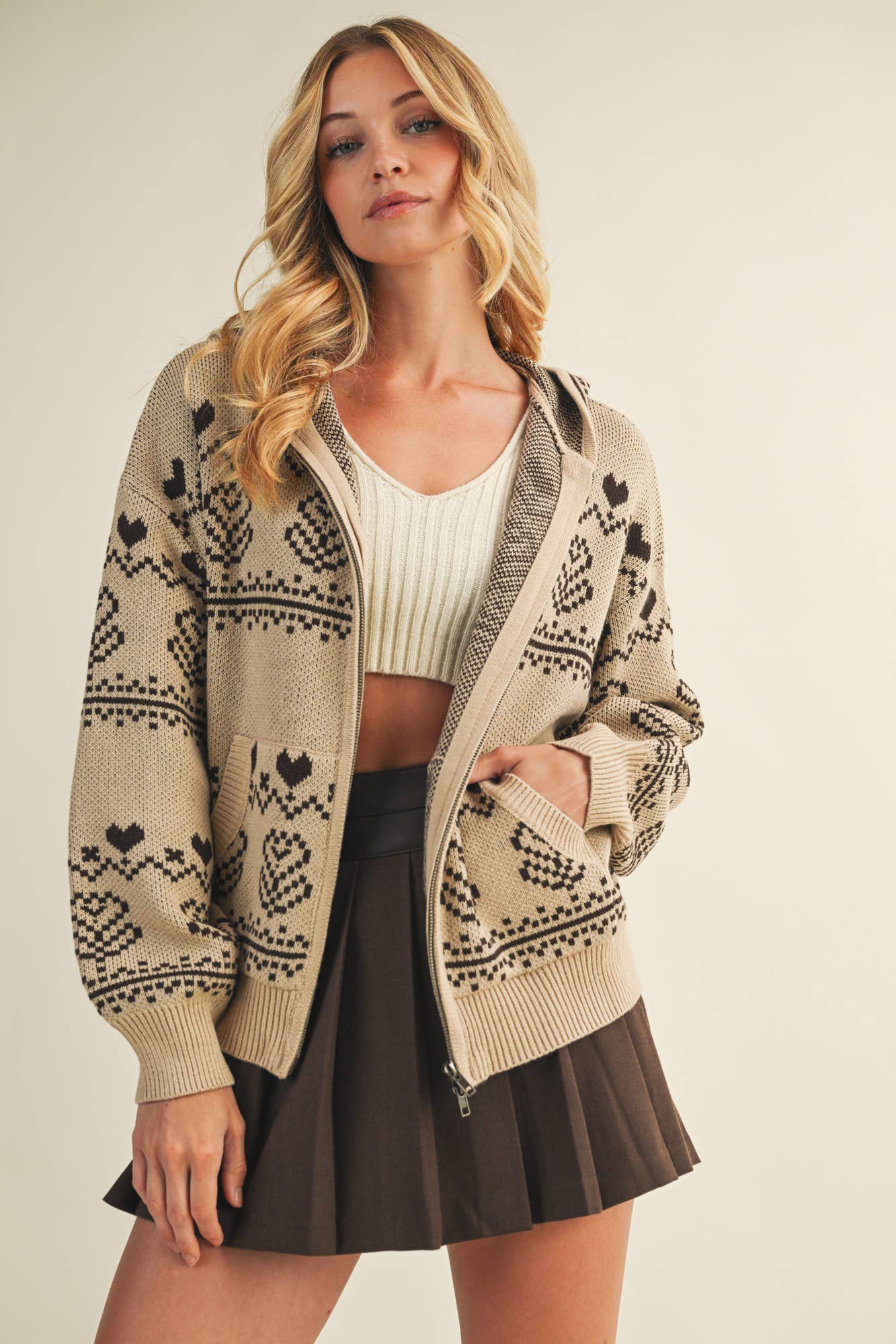 NORDIC JACQUARD SWEATER HOOD ZIP UP JACKET Taupe