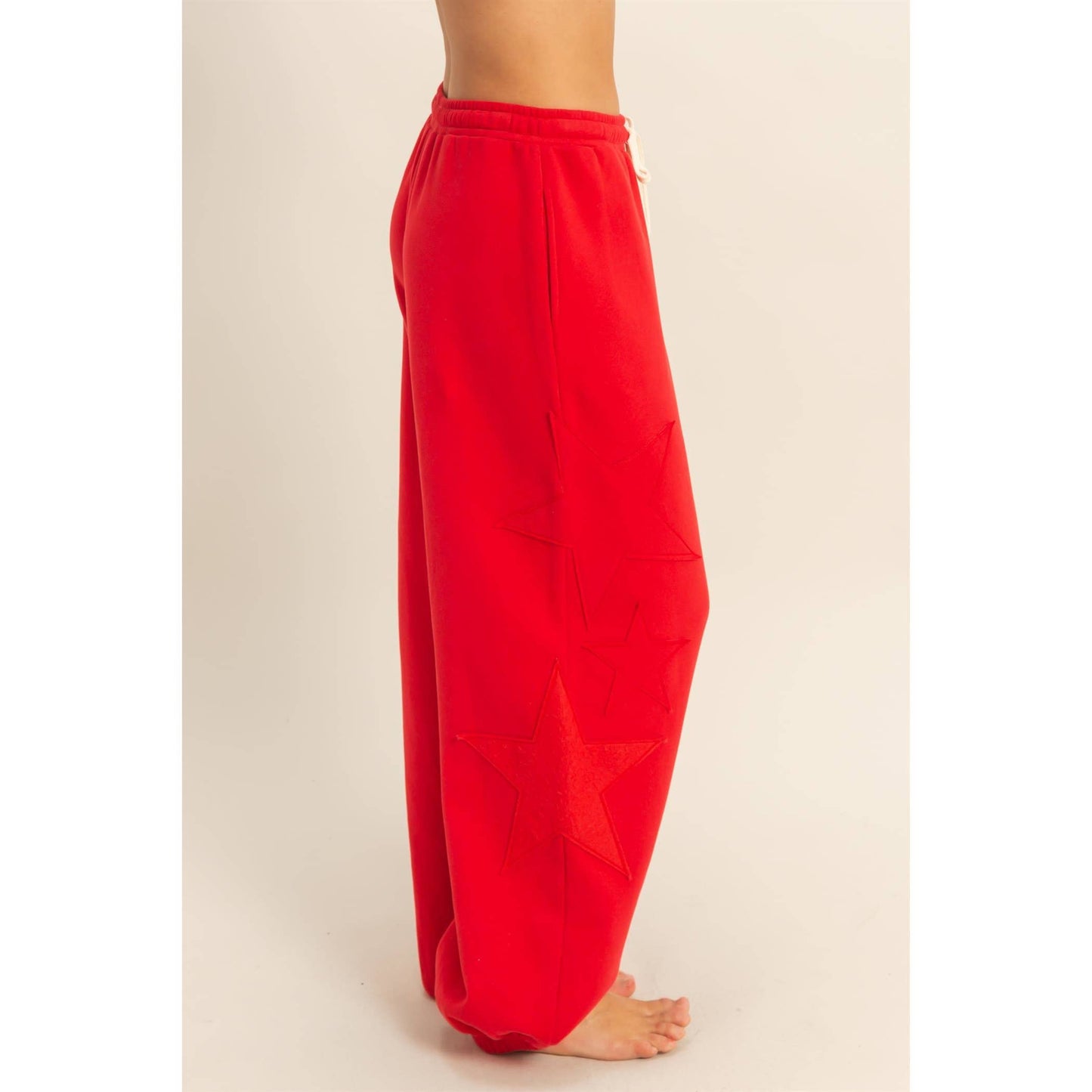 Star Patch Casual Drawstring Jogger Pants in RED