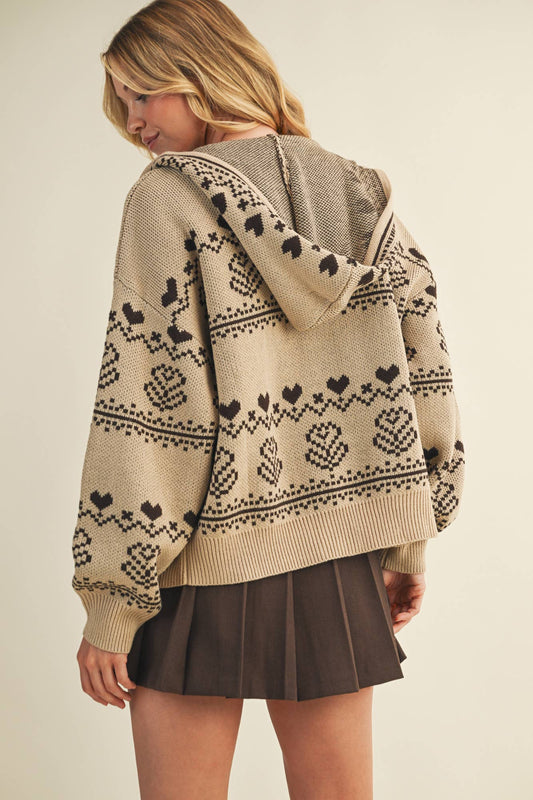 NORDIC JACQUARD SWEATER HOOD ZIP UP JACKET Taupe