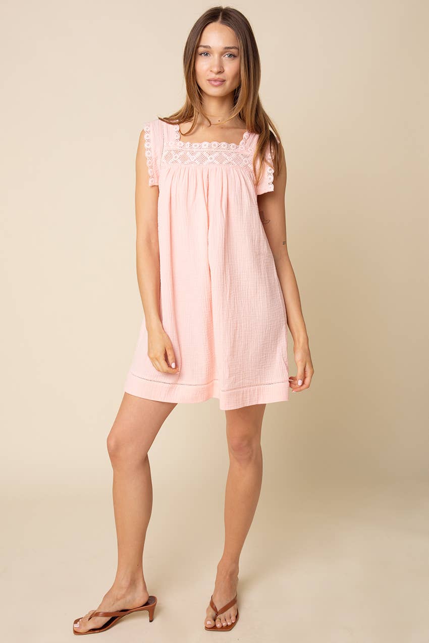 Jamya Square-Neck Empire Mini Dress in Coral