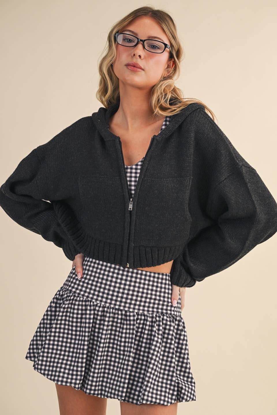 Knit Zip Up Hoodie Sweater: Brown